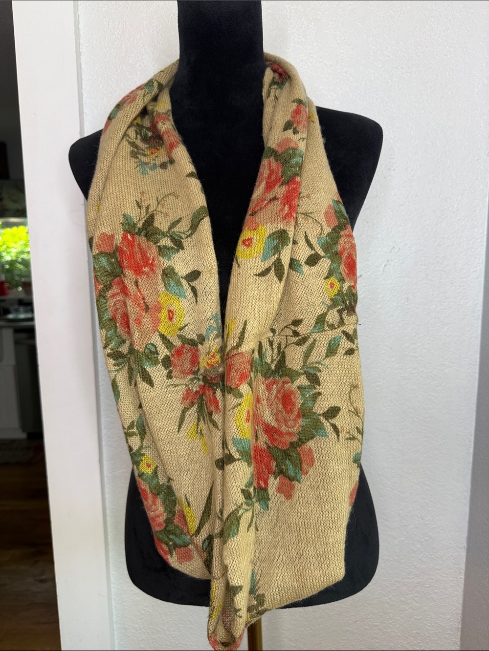 Mixit Floral Infinity Scarf Beige Knit Scarf Cottagecore Boho